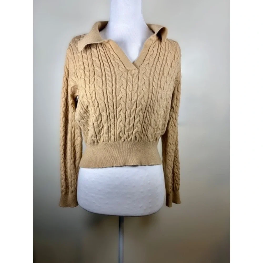 Almost Famous Women's L Tan Cable‎ Knit Cropped Polo Sweater Preppy Academia Y2K